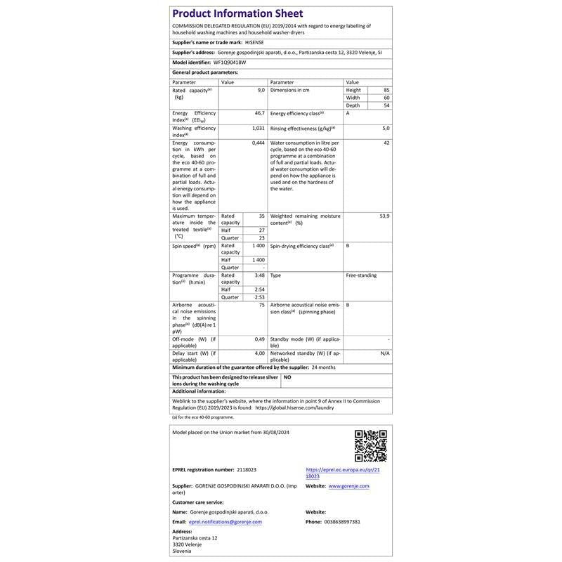 Hisense 1Q Series WF1Q8041BW Freestanding 8 KG Front Load Washing Durable Inverter Machine, Steam Wash, Quick Wash, 15 Washing Programs 1400 RPM White - Energy Rating A