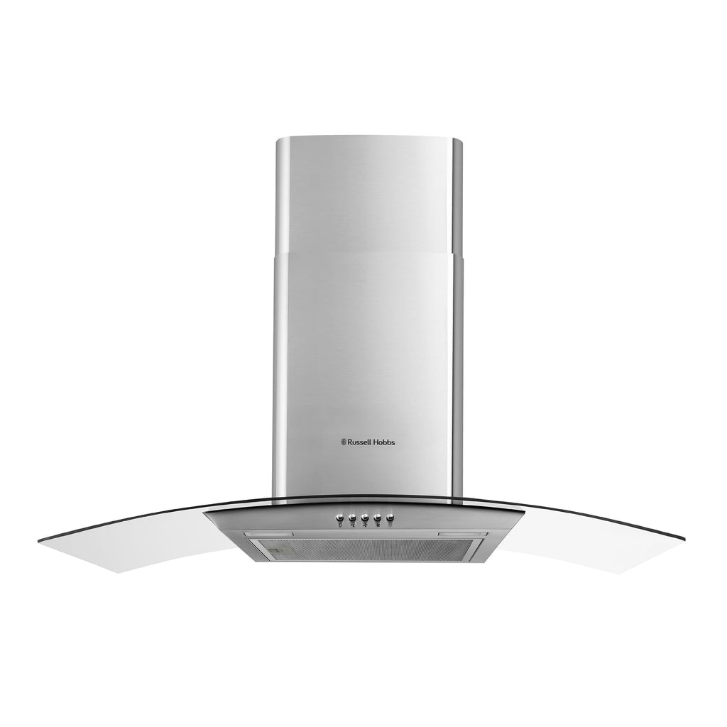 Russell Hobbs 90cm Dunstabzugshaube aus gebogenem Glas in Edelstahl mit 3 Geschwindigkeitsstufen, 1 x Kohlefilter, Abluft- oder Umluftbetrieb, 500m³/h Abluftleistung, Energieeffizienzklasse A+, RH90GCH92A1SS