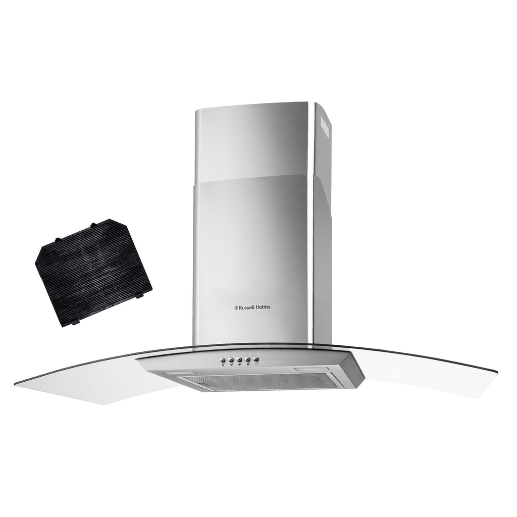 Russell Hobbs 90cm Dunstabzugshaube aus gebogenem Glas in Edelstahl mit 3 Geschwindigkeitsstufen, 1 x Kohlefilter, Abluft- oder Umluftbetrieb, 500m³/h Abluftleistung, Energieeffizienzklasse A+, RH90GCH92A1SS