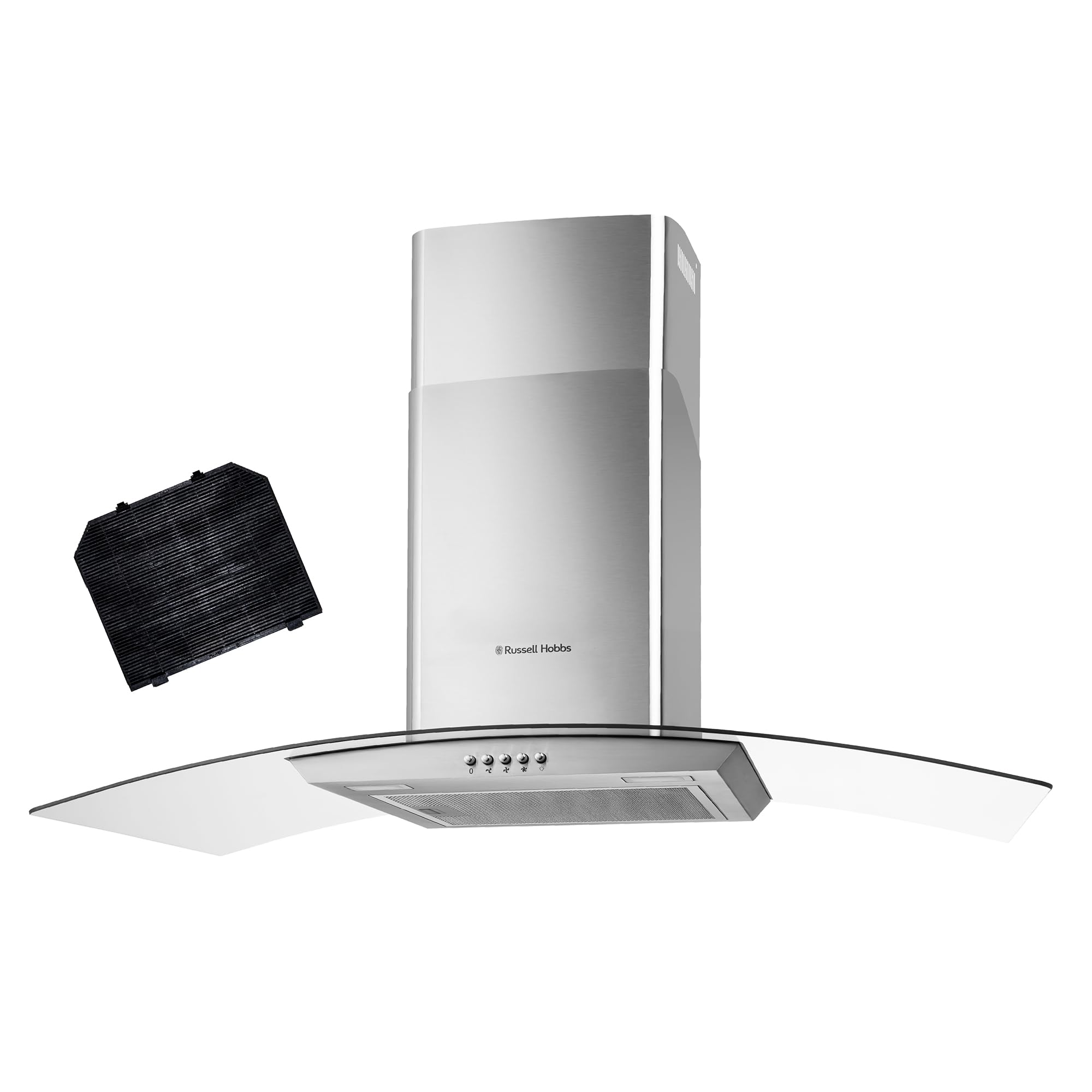 Russell Hobbs 90cm Curved Glass Cooker Hood in Stainless Steel with 3 Speed Settings, 1 x Carbon Filter, Extraction or Recirculation, 500m³/h Extraction Rate, A+ Energy Rating, RH90GCH92A1SS