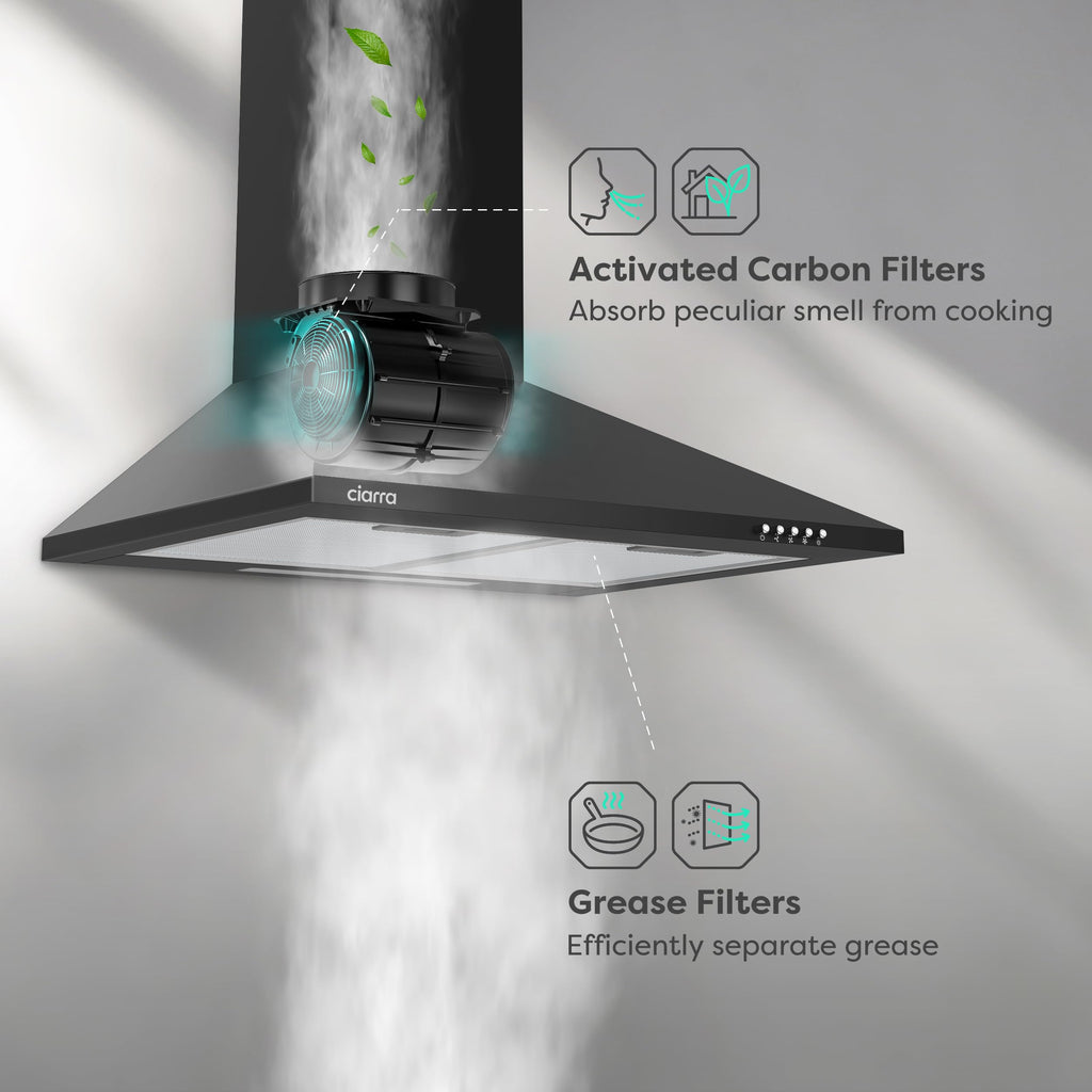 CIARRA Cooker Hood 60cm CBCB6201 600mm Kitchen Extractor Hood with Carbon Filters Recirculating&Ducting Wall Mounted Cooker Extractor Fan Black