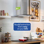 Russell Hobbs 90cm Dunstabzugshaube aus gebogenem Glas in Edelstahl mit 3 Geschwindigkeitsstufen, 1 x Kohlefilter, Abluft- oder Umluftbetrieb, 500m³/h Abluftleistung, Energieeffizienzklasse A+, RH90GCH92A1SS