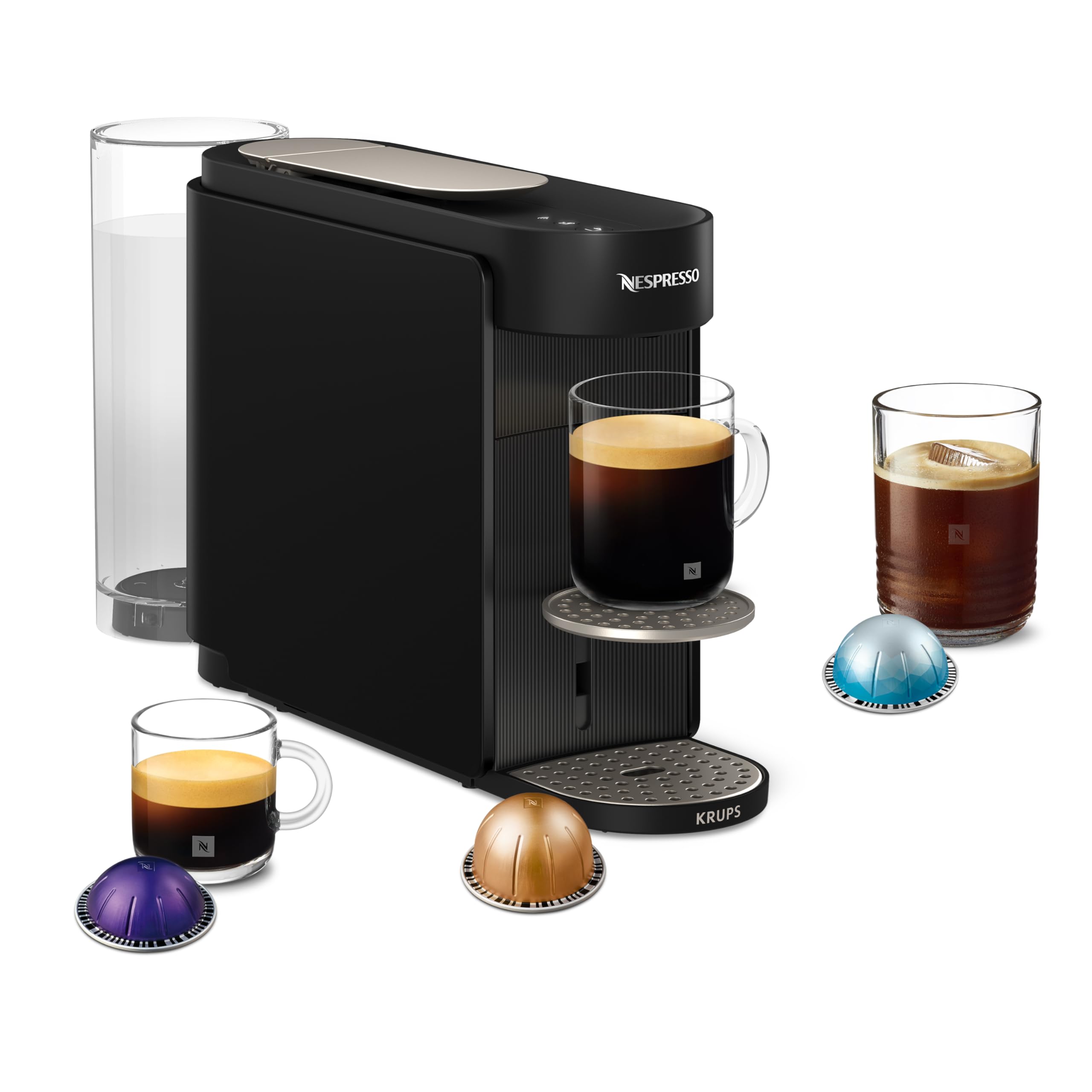Nespresso Vertuo Up Coffee Pod Machine – One touch, Fast start, Precision brewing, 7 Cup Sizes, Premium Experience, Starter pod Set Included, Ink Black, by Krups - XN9404G0