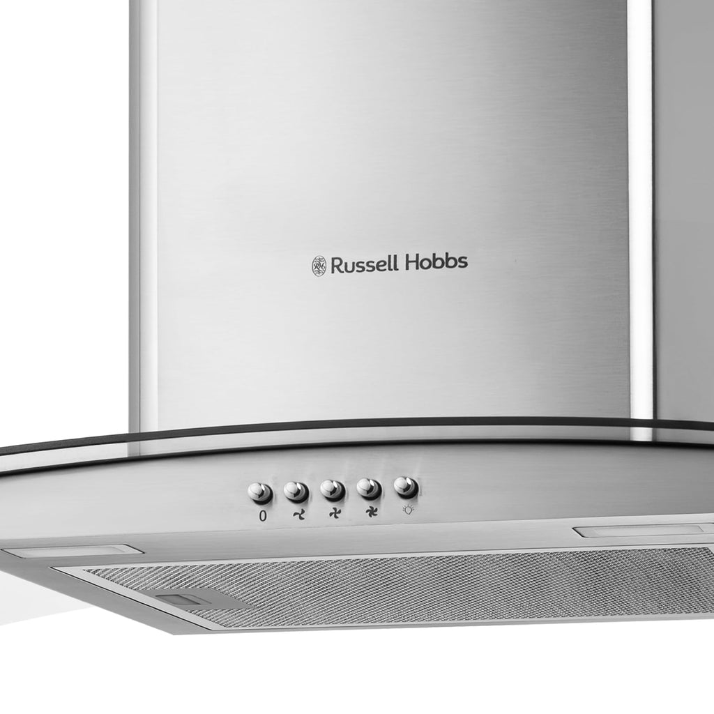 Russell Hobbs 90cm Dunstabzugshaube aus gebogenem Glas in Edelstahl mit 3 Geschwindigkeitsstufen, 1 x Kohlefilter, Abluft- oder Umluftbetrieb, 500m³/h Abluftleistung, Energieeffizienzklasse A+, RH90GCH92A1SS