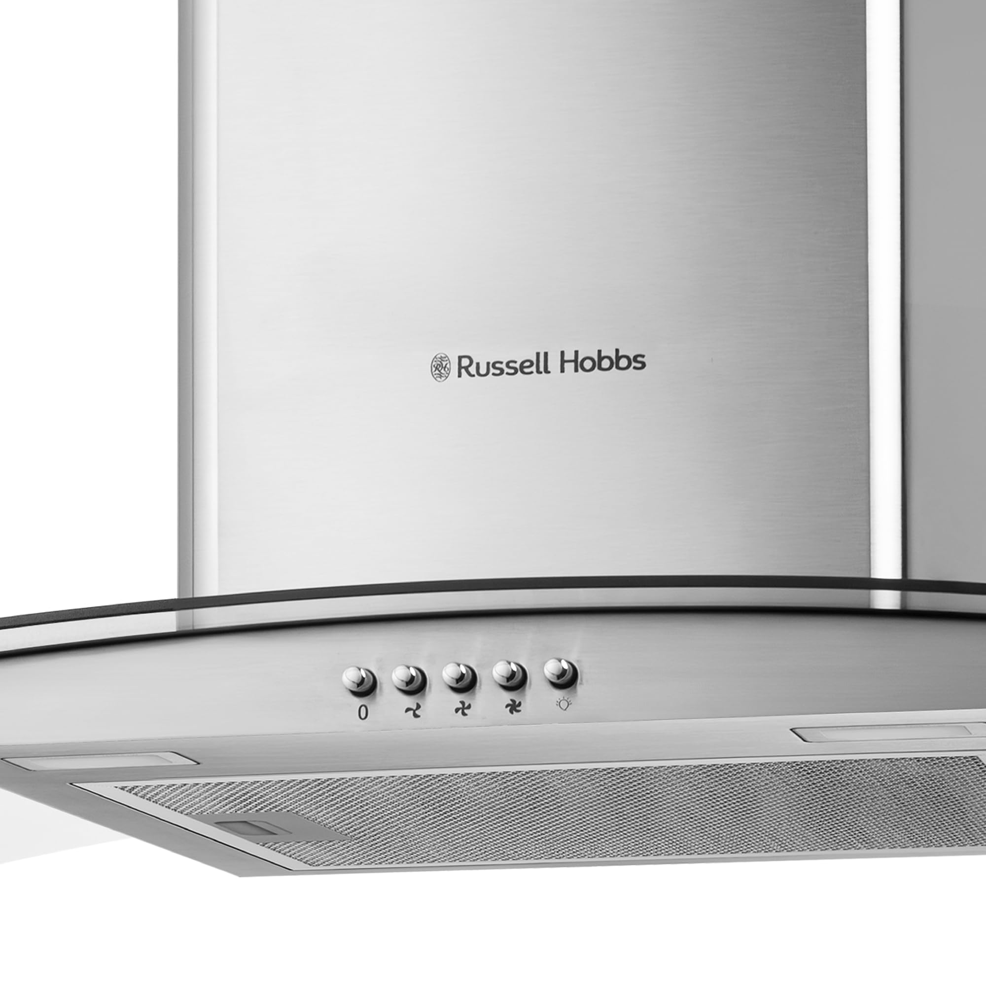 Russell Hobbs 90cm Curved Glass Cooker Hood in Stainless Steel with 3 Speed Settings, 1 x Carbon Filter, Extraction or Recirculation, 500m³/h Extraction Rate, A+ Energy Rating, RH90GCH92A1SS