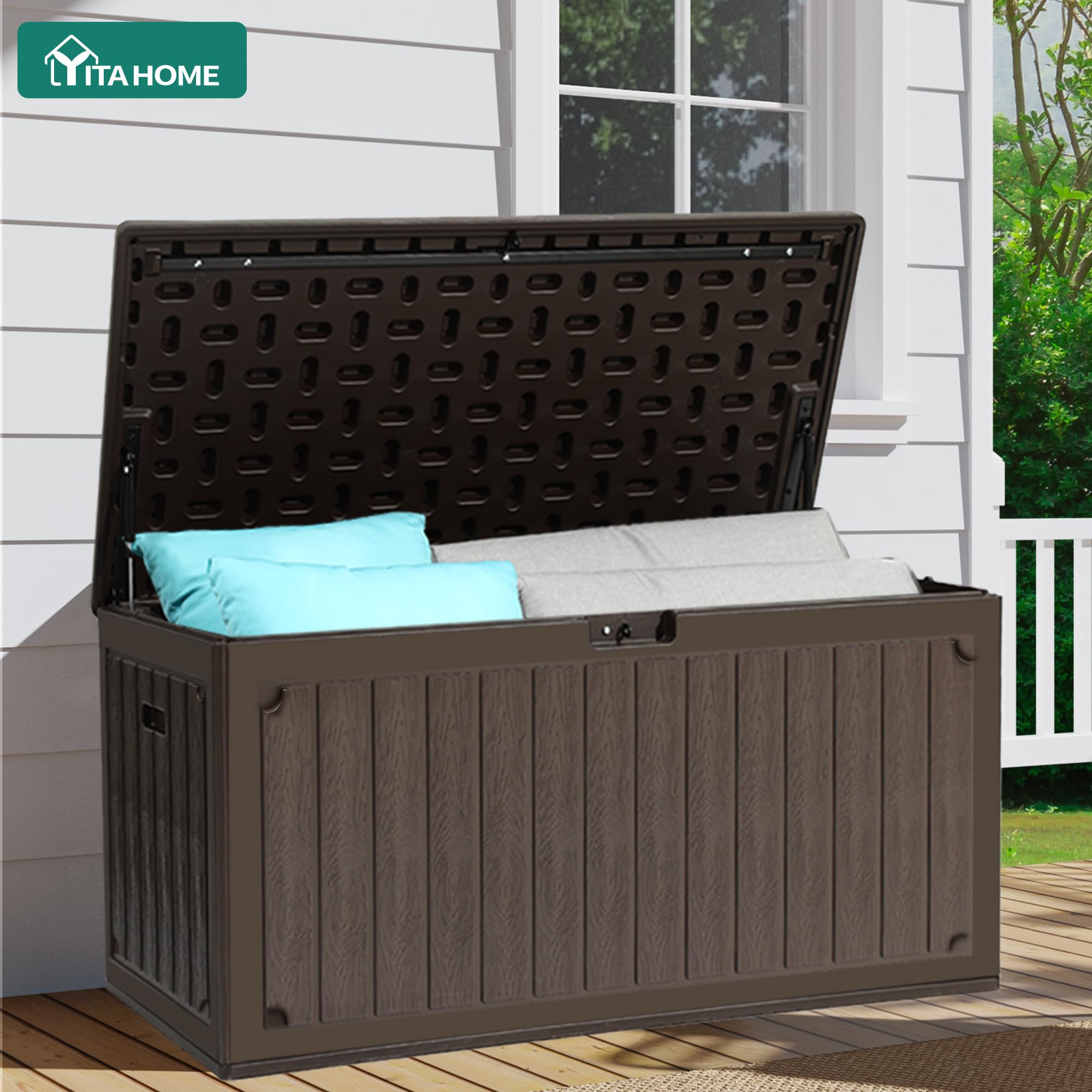 YITAHOME 303L Garden Outdoor Storage Box, HDPE Resin Deck Box with Lockable Lid & Side Handles, Waterproof Storage Bench for Patio Furniture, Cushions, Pool Gear & Garden Tools, Brown