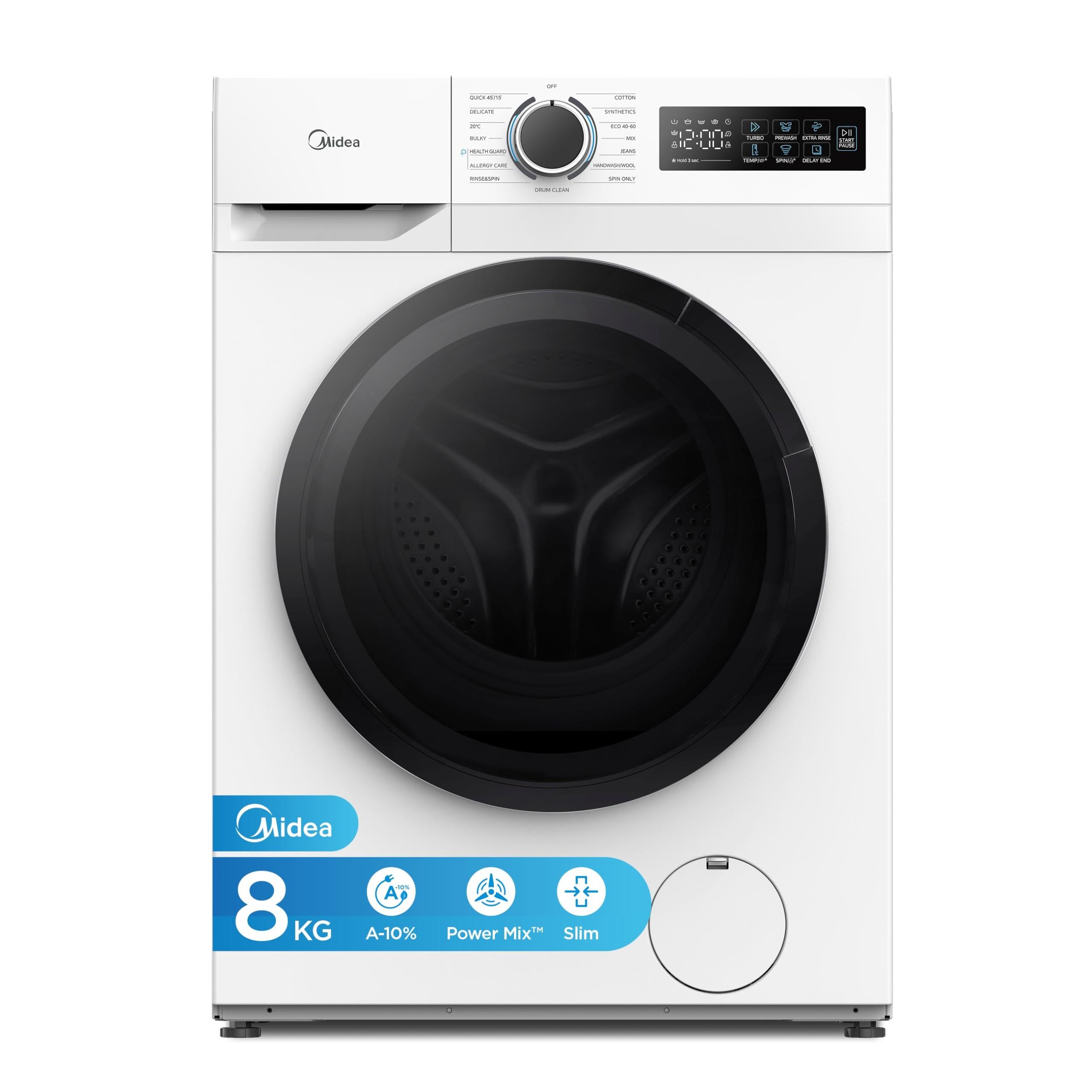 Midea Freestanding 8 KG Front Load Washing Machine Slim,A-10% Class,Steam Wash,Turbo Quick Wash,Durable Inverter BLDC,1400 RPM,White-MF110W80BA10/W-UK