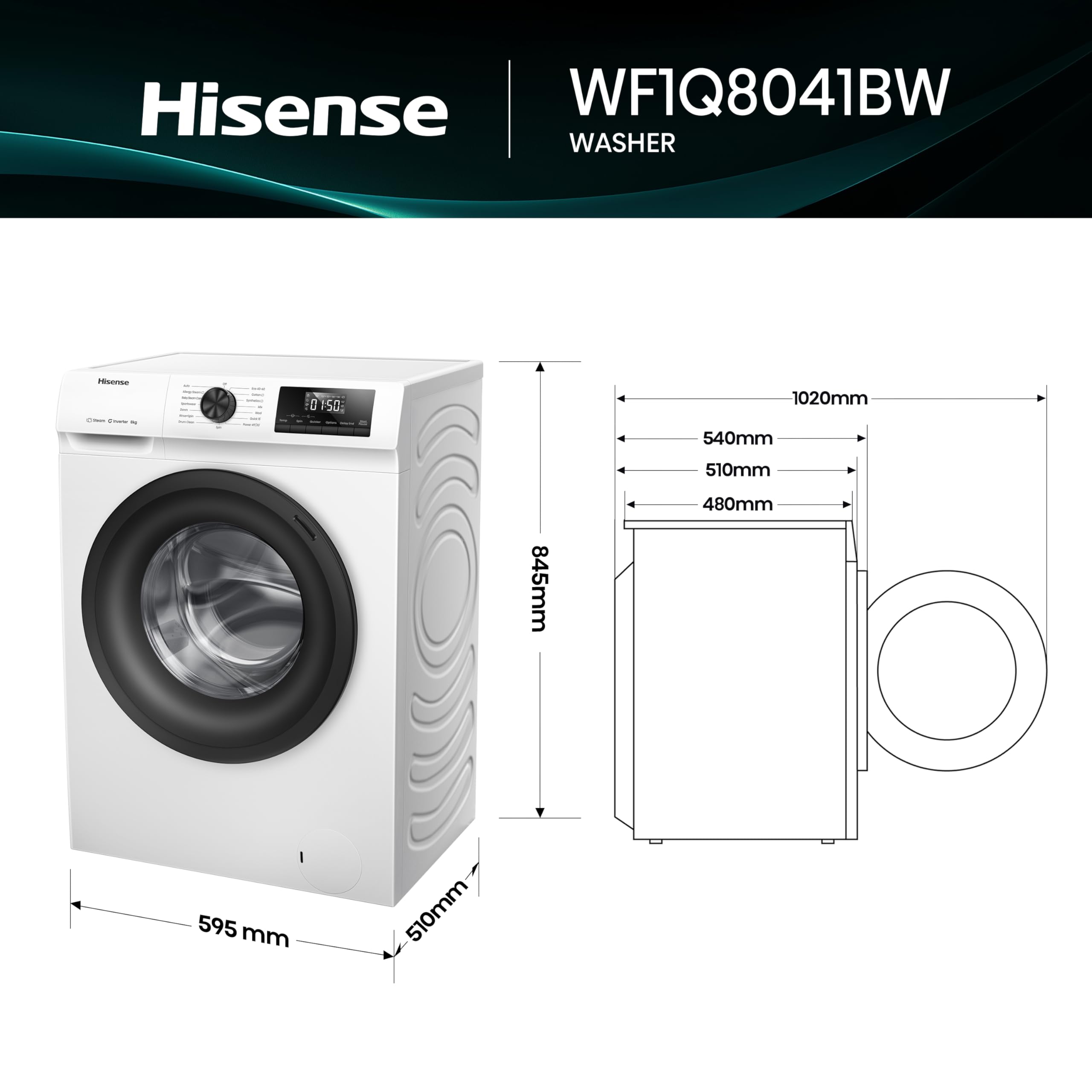 Hisense 1Q Series WF1Q8041BW Freestanding 8 KG Front Load Washing Durable Inverter Machine, Steam Wash, Quick Wash, 15 Washing Programs 1400 RPM White - Energy Rating A
