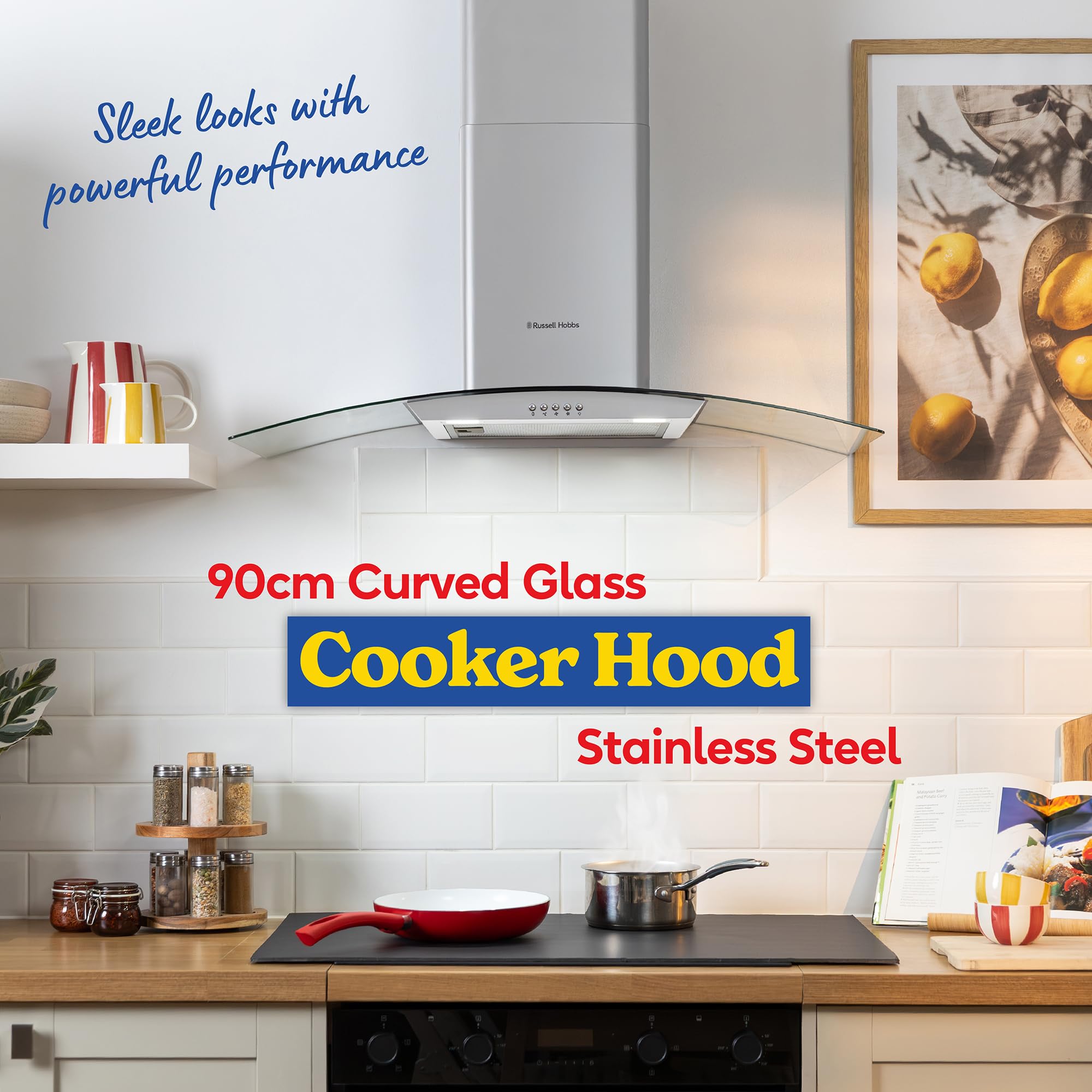 Russell Hobbs 90cm Dunstabzugshaube aus gebogenem Glas in Edelstahl mit 3 Geschwindigkeitsstufen, 1 x Kohlefilter, Abluft- oder Umluftbetrieb, 500m³/h Abluftleistung, Energieeffizienzklasse A+, RH90GCH92A1SS